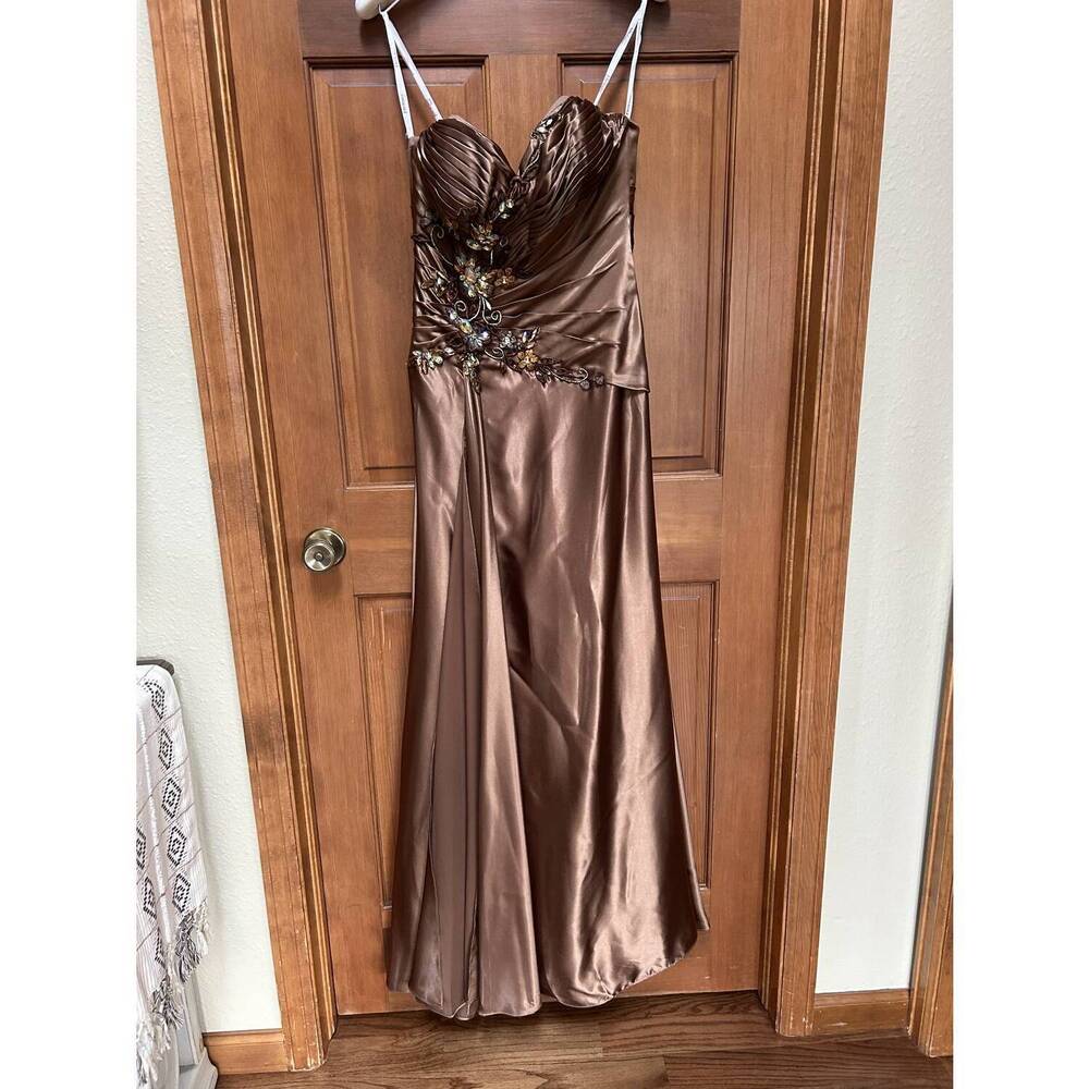 NEW TONY BOWLS women's crystals long dress in light brown